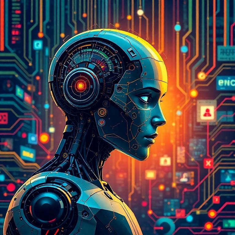 artificial-intelligence-cyber-security-technology-future A close-up, profile view of a futuristic humanoid robot head with exposed circuits and a glowing eye, set against a background of a digital circuit board.