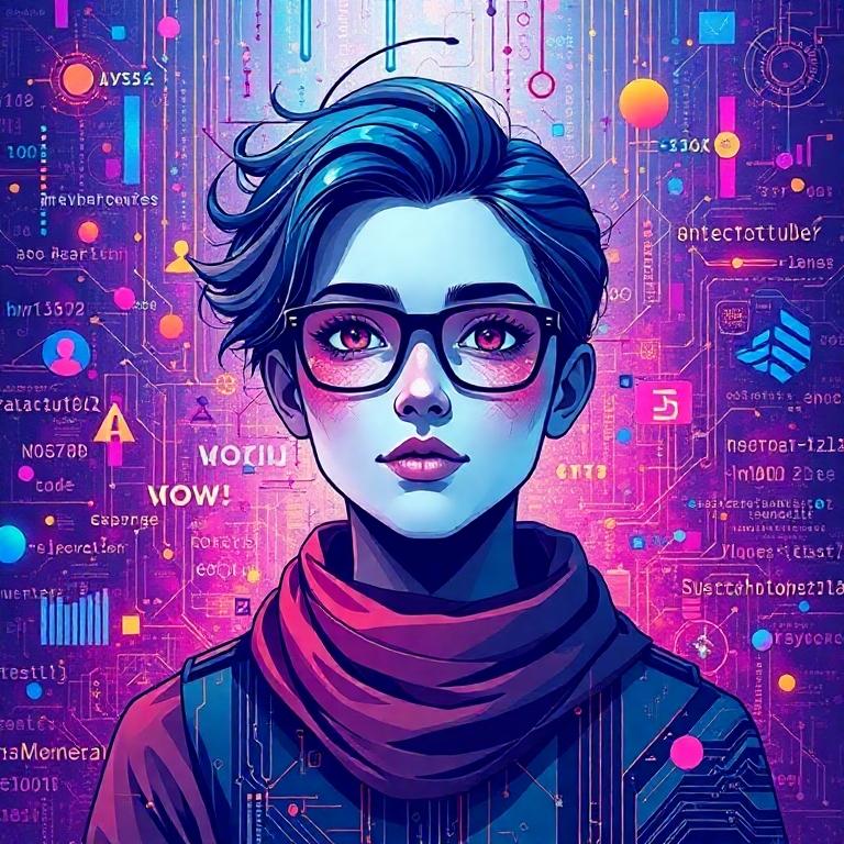 A cyberpunk-style illustration of a person with blue hair and glasses in a digital world of glowing code and data.