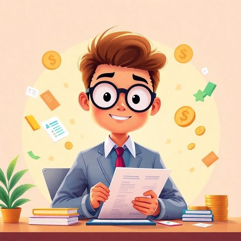 A smiling cartoon male student wearing a suit and glasses, sitting at a desk with financial documents and dollar signs.