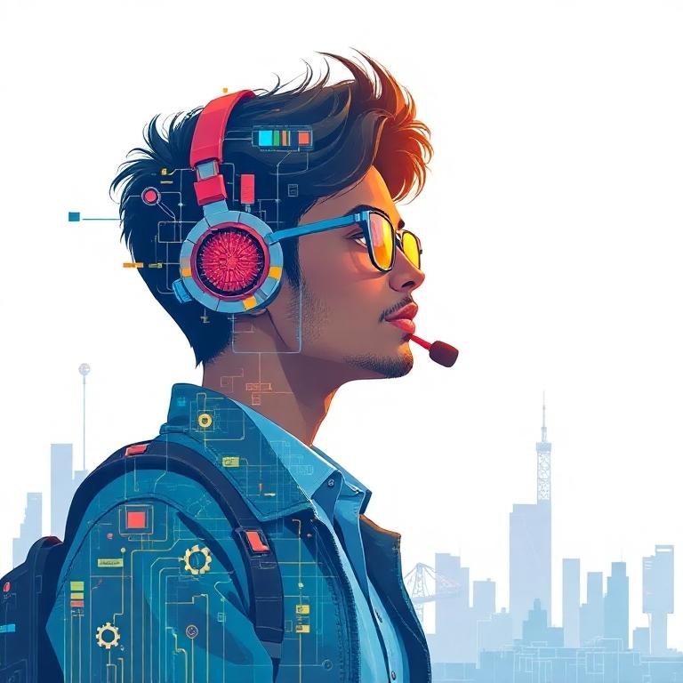 A young man with a headset and glasses, looking forward with a determined expression, representing a tech student.